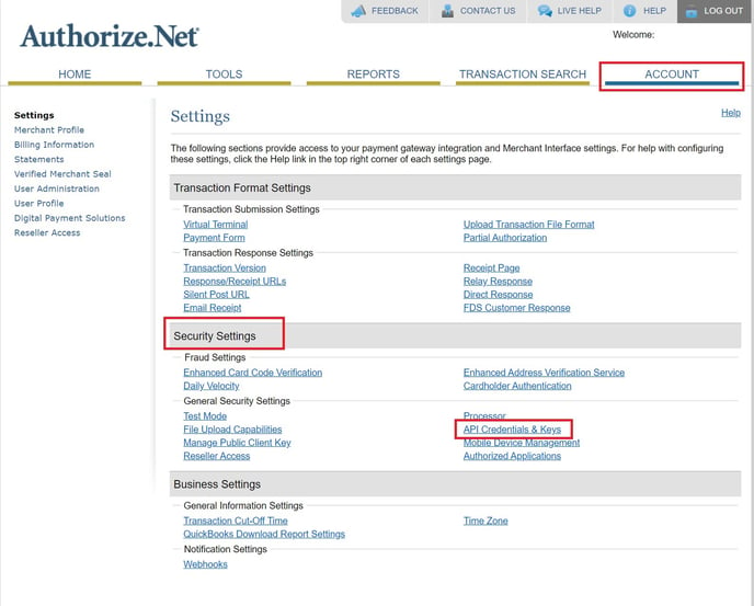 Authorize Net Security Settings API Credentials and Keys Step 2-1