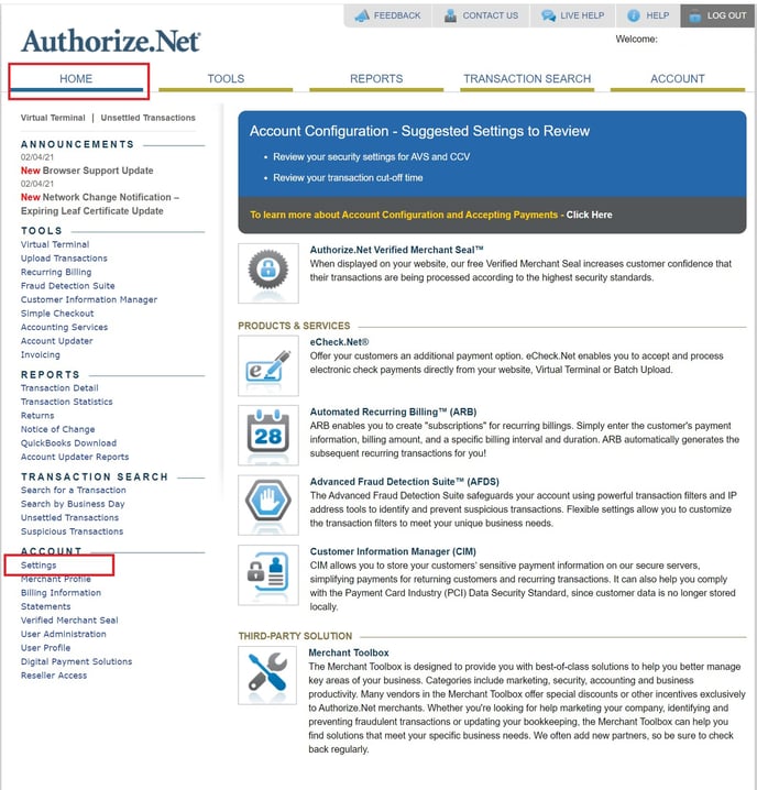 Authorize Net Settings Step 1