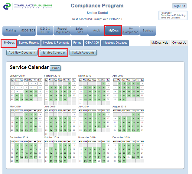 How do I print my service calendar?